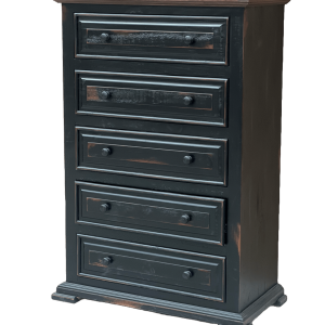 Rustic Style Chest, 5 Drawers, featuring solid raised panels and crown molding accents