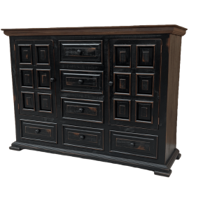 RUSTIC STYLE DRESSER, 6 DRAWERS 2 DOORS, FEATURING SOLID RAISED PANELS AND CROWN MOLDING ACCENTS