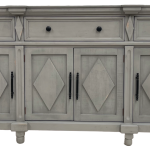 RUSTIC STYLE SERVER WITH 4 DRAWERS AND 4 DOORS, FEATURING CARVED GEOMETRIC FRONTS