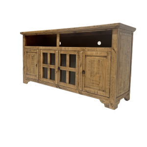 TV STAND FEATURING TWO OPEN SHELVES, TWO FRAMED GLASS DOORS, AND TWO SOLID PANEL DOORS FOR VERSATILE STORAGE.