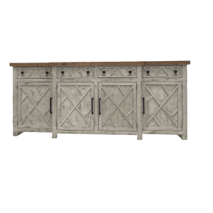 RUSTIC STYLE SERVER WITH 4 DRAWERS AND 4 DOORS, FEATURING CARVED GEOMETRIC FRONTS