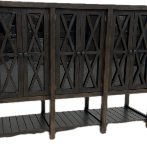 Rustic server with 6 glass doors featuring a "X" Design