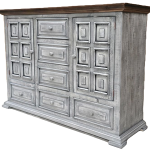 RUSTIC STYLE DRESSER, 6 DRAWERS 2 DOORS, FEATURING SOLID RAISED PANELS AND CROWN MOLDING ACCENTS
