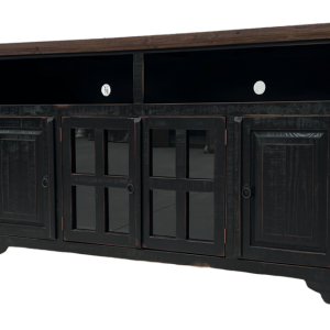 TV STAND FEATURING TWO OPEN SHELVES, TWO FRAMED GLASS DOORS, AND TWO SOLID PANEL DOORS FOR VERSATILE STORAGE