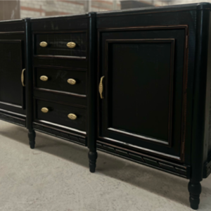 Madrid Black and Gold Sideboard with cabinet doors, center drawers, and antique gold hardware