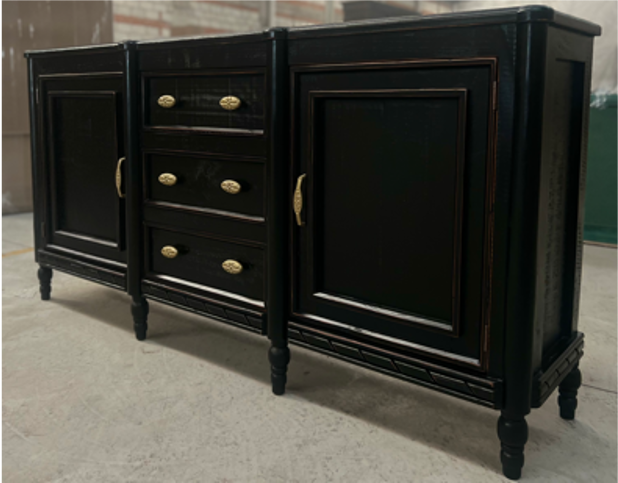Madrid Black and Gold Sideboard with cabinet doors, center drawers, and antique gold hardware