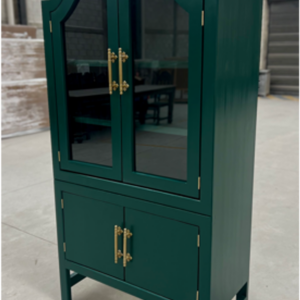 Outlaw Ridge Green Cabinet with glass doors, arched top design, and antique gold hardware