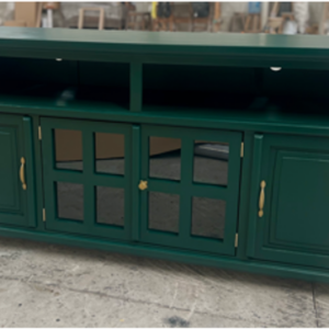 Laredo Green TV Stand with antique gold hardware, cabinet storage, and center glass doors