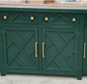 San Marcos Green Sideboard with X-panel doors, brass hardware, and top storage drawers