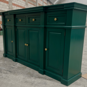 Santa Fe Sideboard in deep western green with brass knobs, cabinet doors, and top storage drawers