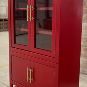 Outlaw Ridge Red Cabinet with glass doors, arched top design, and antique gold hardware