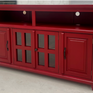 Laredo Red TV Stand with cabinet storage, center glass doors, and open media shelves