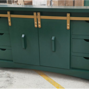 Desert Mesa Sideboard in western green with brass rail hardware, center cabinet doors, and side drawers