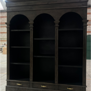 Santa Clara Arch Bookshelf with three arched openings, open shelving, and bottom storage drawers in dark wood finish
